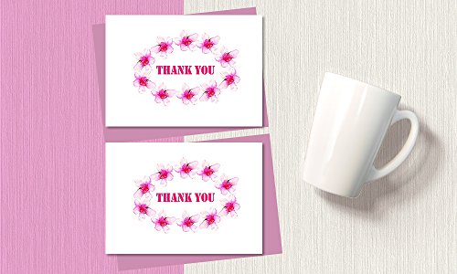 Thank You Cards - 4 x 7 Inches of 50 Amazing White Note Cards with Blank Greeting Space - Perfect for Business, Anniversary, Graduations, Weddings - Envelopes Included - Pink Blooming Floral Design