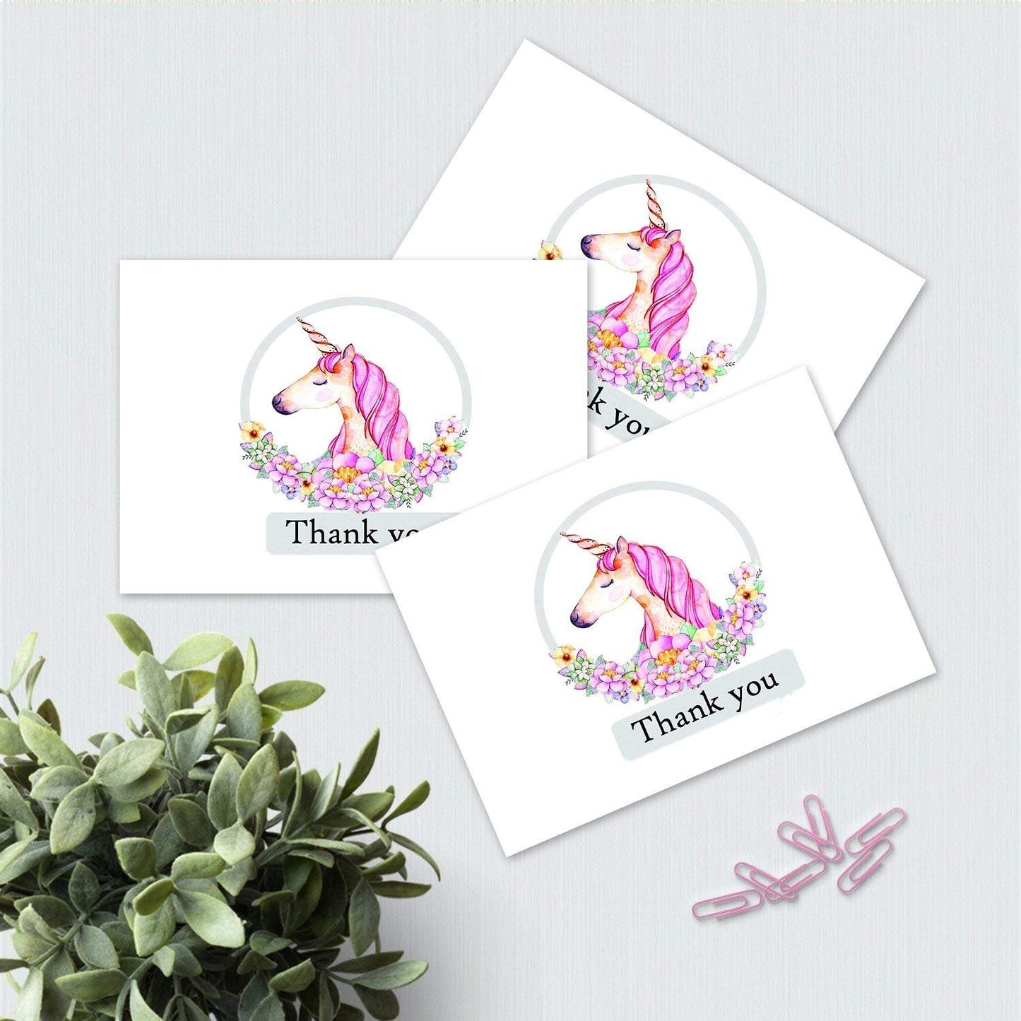 Unicorn Thank You Cards - 4x7 Inches of 50 Blank Card Notes with Envelopes - Perfect Gift and Greeting Cards for Kids and Birthday Party, Baby Shower, Graduation, Wedding - Pinkish Unicorn Horn Design