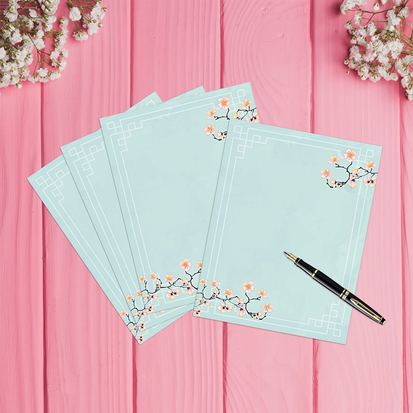 100 Stationery Writing Paper, with Cute Floral Designs Perfect for Notes or Letter Writing - Cherry Blossoms