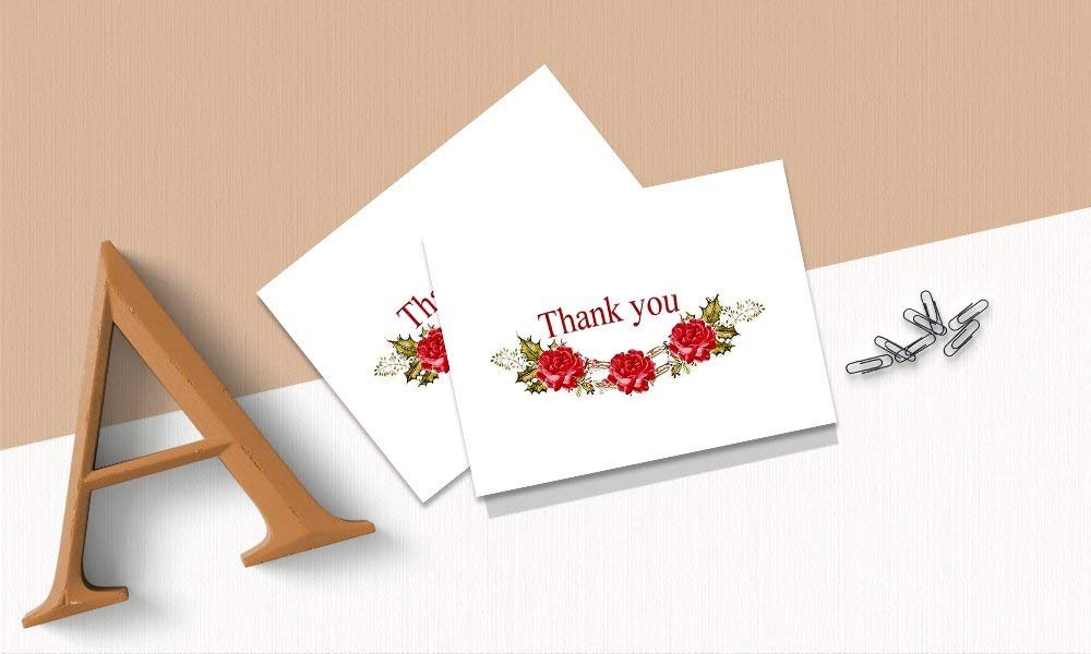 Thank You Cards - 4 x 7 Inches of 50 Amazing White Note Cards with Blank Greeting Space - Perfect for Business, Anniversary, Graduations, Weddings - Envelopes Included - Pink Blooming Floral Design
