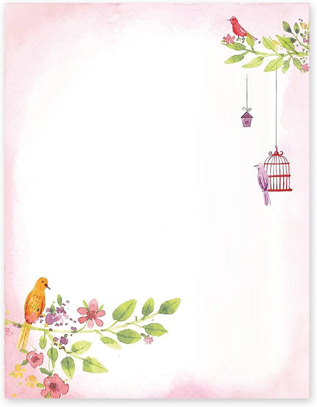 Floral Letter Notes - 8.5 x 11 Inches Stationery Writing Paper - Perfect Invitations for Bridal Shower, Birthday, Wedding, Engagement Party, DIY and All Occasion - 100 Bulk Set - Adorable Birds Design