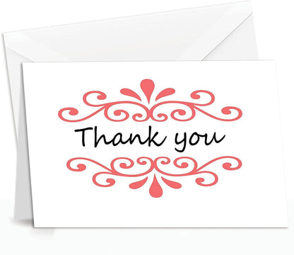 Thank You Cards Set - Perfect Gift for Anniversary, Graduations, Weddings - 50 Amazing 4 x 7 Inches of White Note Cards with Blank Greeting Space - Envelopes Included - Pink Curvy Line Form Design