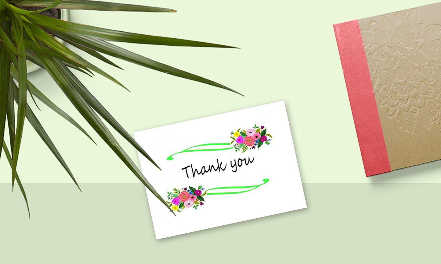 Thank You Cards Set - Perfect Gift for Anniversary, Graduations, Weddings - 50 Amazing 4 x 7 Inches of White Note Cards with Blank Greeting Space - Envelopes Included - Pink Curvy Line Form Design