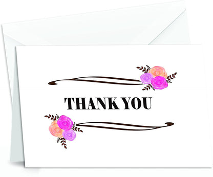 Thank You Cards Set - Perfect Gift for Anniversary, Graduations, Weddings - 50 Amazing 4x7 Inches of White Note Cards with Blank Greeting Space - Envelopes Included - Classic Dark Pink Roses Design