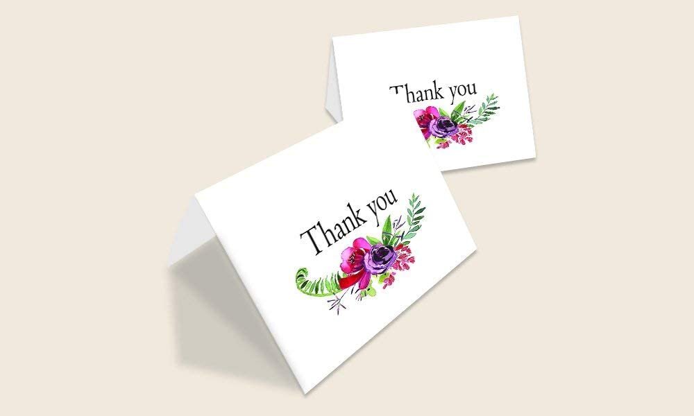 Thank You Cards - 4 x 7 Inches of 50 Amazing White Note Cards with Blank Greeting Space - Perfect for Business, Anniversary, Graduations, Weddings - Envelopes Included - Pink Blooming Floral Design
