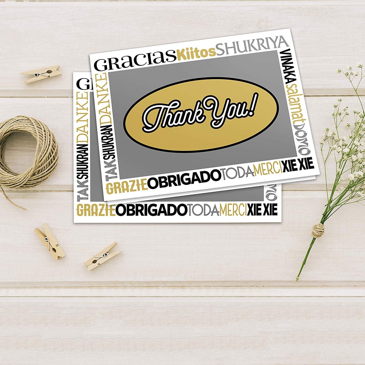 Thank You Cards - 50 Bulk Set of 4x7 Multi-Language in White, Yellow and Gray Colors Blank Greeting Notes with Envelopes - Perfect for Invitations and Gifts for Wedding, Baby Shower and All Occasions