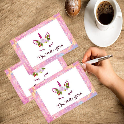 Unicorn Thank You Cards - 4x7 Inches of 50 Purple and Pink Unicorn Design Blank Card Notes with Envelopes - Perfect for Kids and Birthday Parties, Write Happy Gift-Notes for Baby, Graduation, Weddings