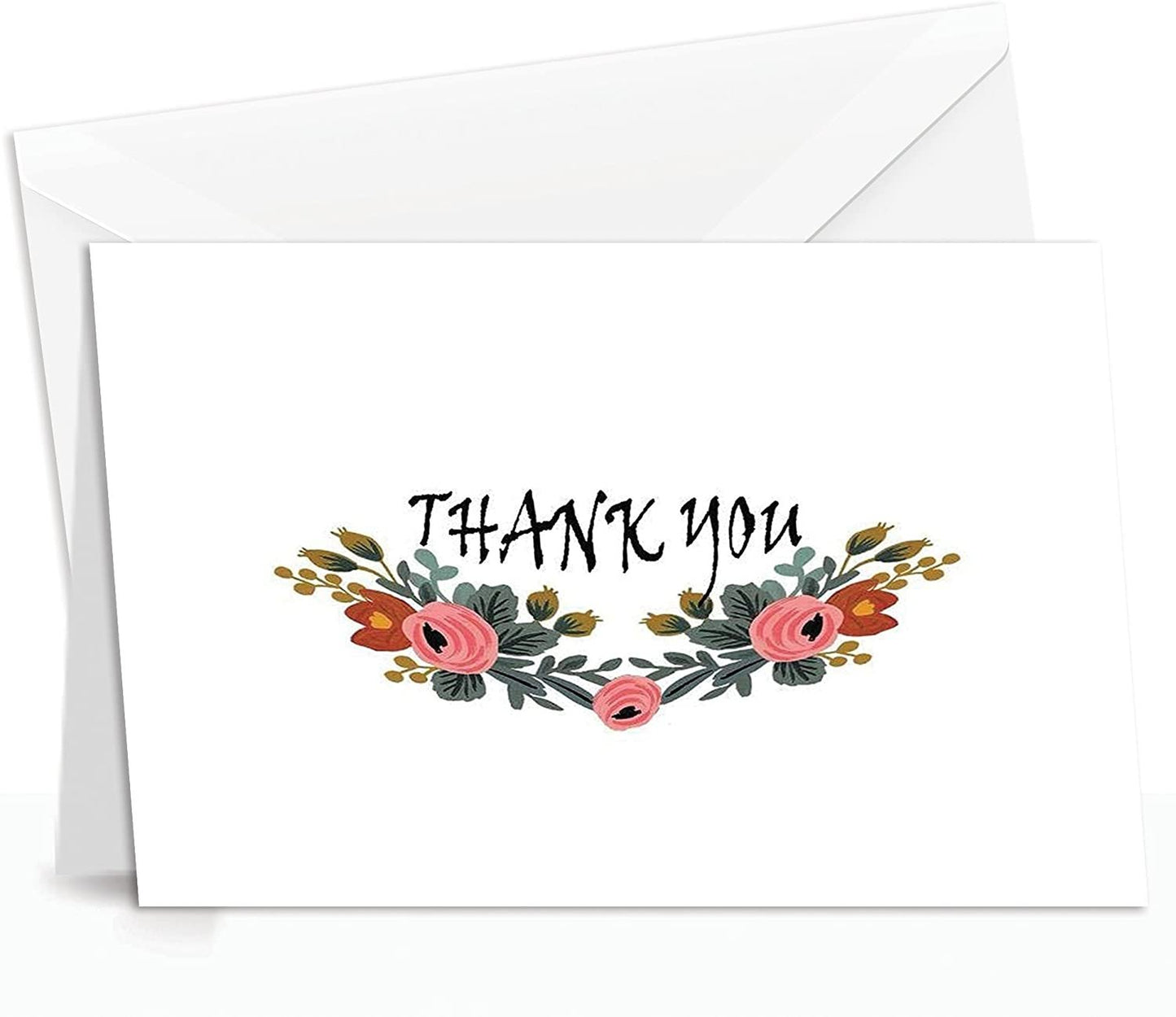 Thank You Cards - 4 x 7 Inches of 50 Amazing White Note Cards with Blank Greeting Space - Perfect for Business, Anniversary, Graduations, Weddings - Envelopes Included - Pink Blooming Floral Design