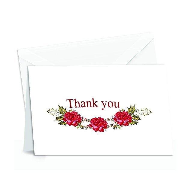 Thank You Cards Set - Perfect Gift for Anniversary, Graduations, Weddings - 50 Amazing 4x7 Inches of White Note Cards with Blank Greeting Space - Envelopes Included - Classic Dark Pink Roses Design