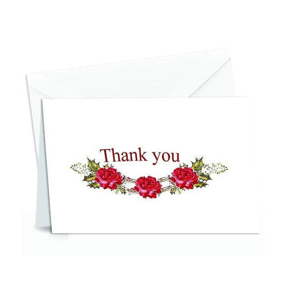 Thank You Cards Set - Perfect Gift for Anniversary, Graduations, Weddings - 50 Amazing 4x7 Inches of White Note Cards with Blank Greeting Space - Envelopes Included - Classic Dark Pink Roses Design