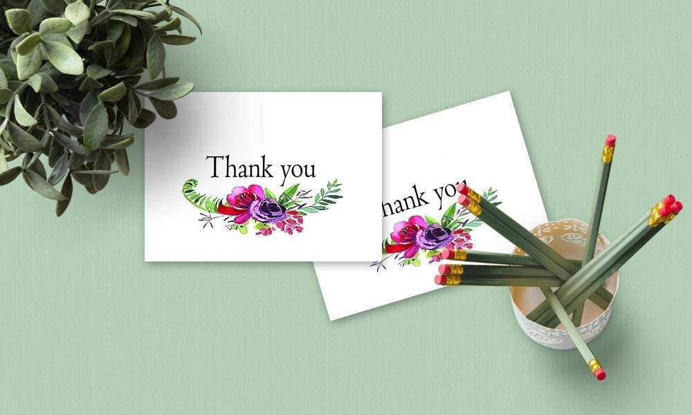Thank You Cards Set - Perfect Gift for Anniversary, Graduations, Weddings - 50 Amazing 4x7 Inches of White Note Cards with Blank Greeting Space - Envelopes Included - Classic Dark Pink Roses Design