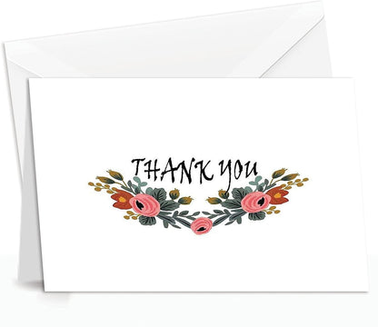 Thank You Cards Set - Perfect Gift for Anniversary, Graduations, Weddings - 50 Amazing 4x7 Inches of White Note Cards with Blank Greeting Space - Envelopes Included - Classic Dark Pink Roses Design