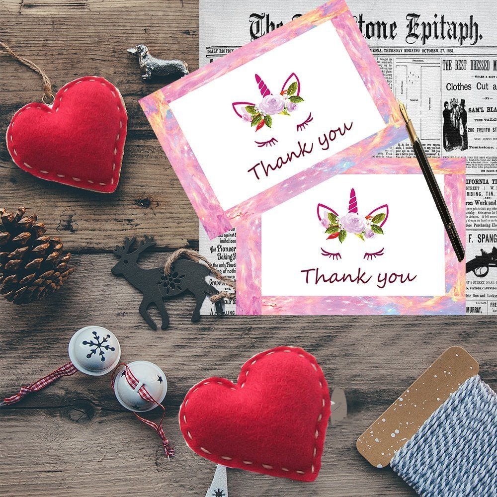 Unicorn Thank You Cards - 4x7 Inches of 50 Purple and Pink Unicorn Design Blank Card Notes with Envelopes - Perfect for Kids and Birthday Parties, Write Happy Gift-Notes for Baby, Graduation, Weddings