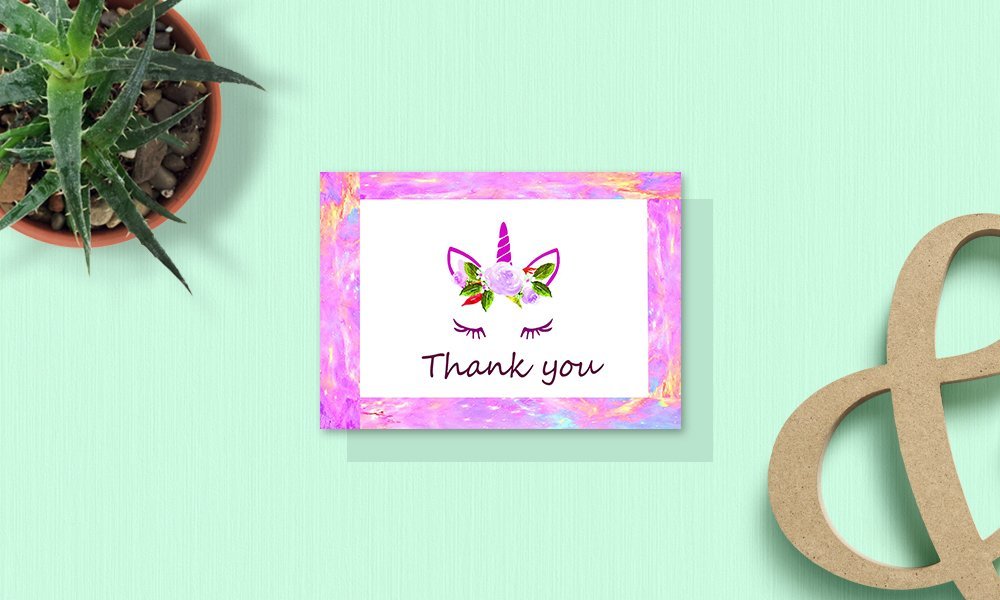 Unicorn Thank You Cards - 4x7 Inches of 50 Purple and Pink Unicorn Design Blank Card Notes with Envelopes - Perfect for Kids and Birthday Parties, Write Happy Gift-Notes for Baby, Graduation, Weddings