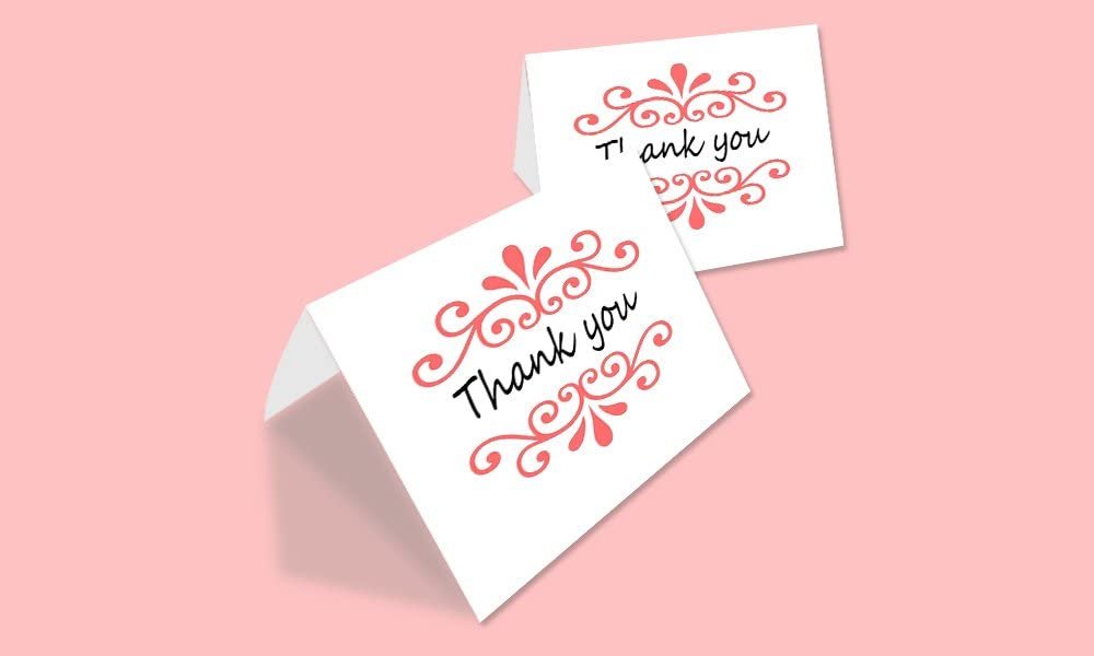 Thank You Cards Set - Perfect Gift for Anniversary, Graduations, Weddings - 50 Amazing 4 x 7 Inches of White Note Cards with Blank Greeting Space - Envelopes Included - Pink Curvy Line Form Design