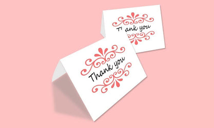Thank You Cards Set - Perfect Gift for Anniversary, Graduations, Weddings - 50 Amazing 4 x 7 Inches of White Note Cards with Blank Greeting Space - Envelopes Included - Pink Curvy Line Form Design