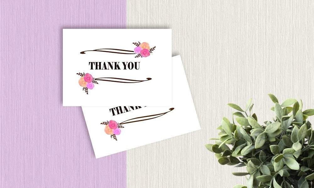 Thank You Cards - 4 x 7 Inches of 50 Amazing White Note Cards with Blank Greeting Space - Perfect for Business, Anniversary, Graduations, Weddings - Envelopes Included - Pink Blooming Floral Design
