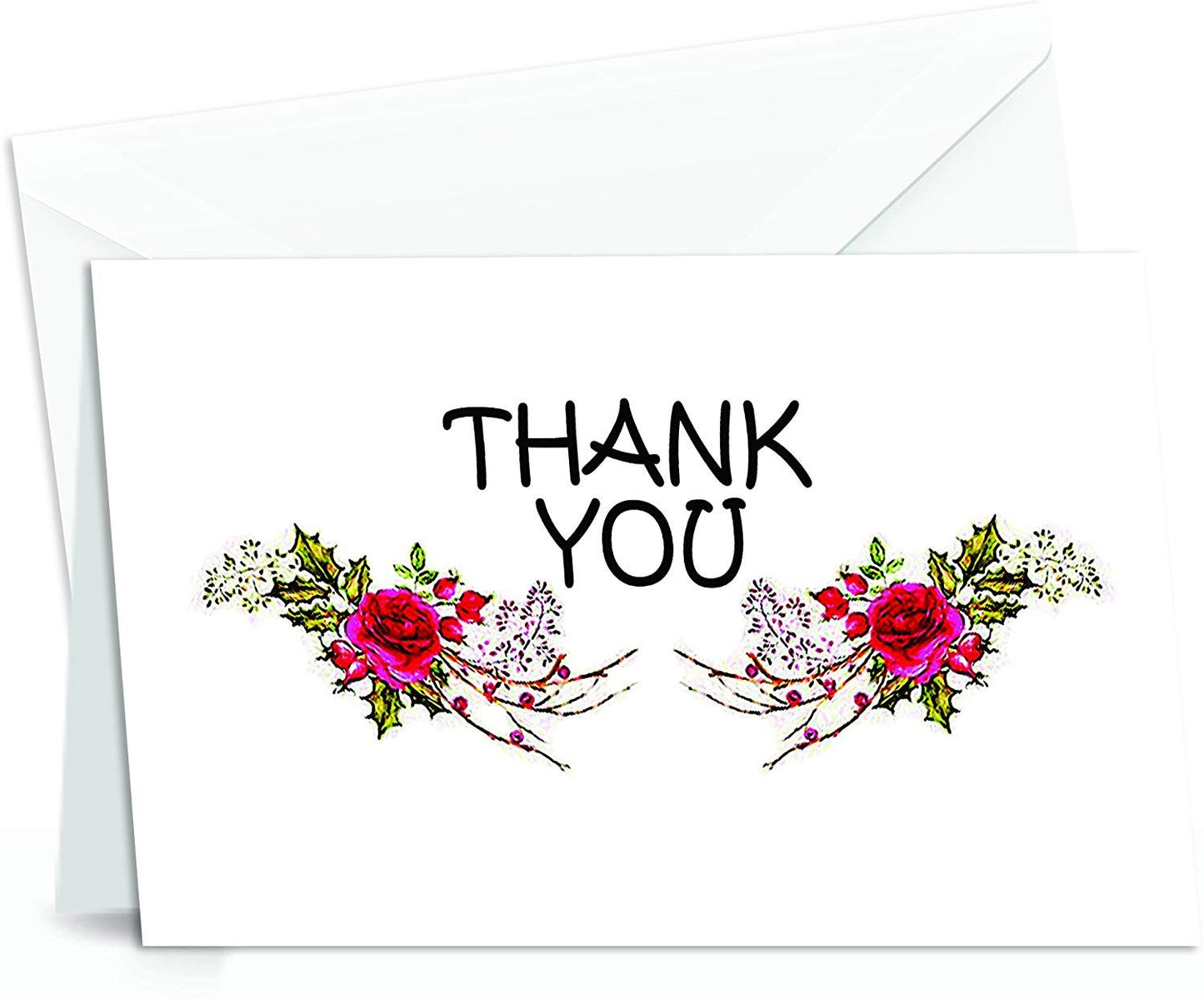 Thank You Cards Set - 4 x 7 Inches of 50 Amazing White Note Cards with Blank Greeting Space - Perfect for Business, Anniversary, Graduations, Weddings - Envelopes Included - Glowing Red Rose Design