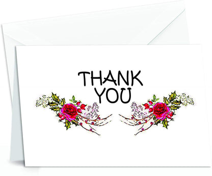 Thank You Cards Set - 4 x 7 Inches of 50 Amazing White Note Cards with Blank Greeting Space - Perfect for Business, Anniversary, Graduations, Weddings - Envelopes Included - Glowing Red Rose Design