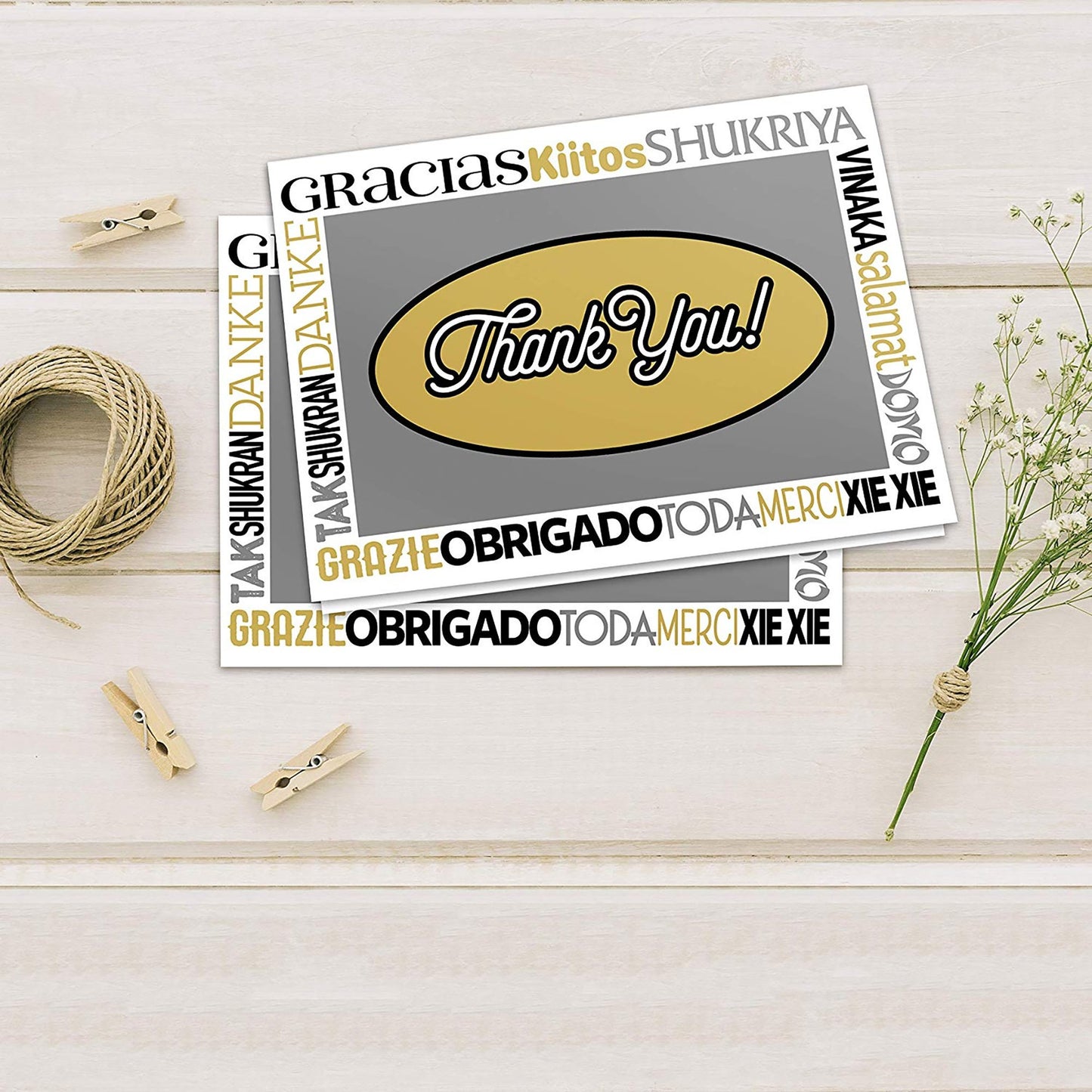 Thank You Cards - 50 Bulk Set of 4x7 Multi-Language in White, Yellow and Gray Colors Blank Greeting Notes with Envelopes - Perfect for Invitations and Gifts for Wedding, Baby Shower and All Occasions