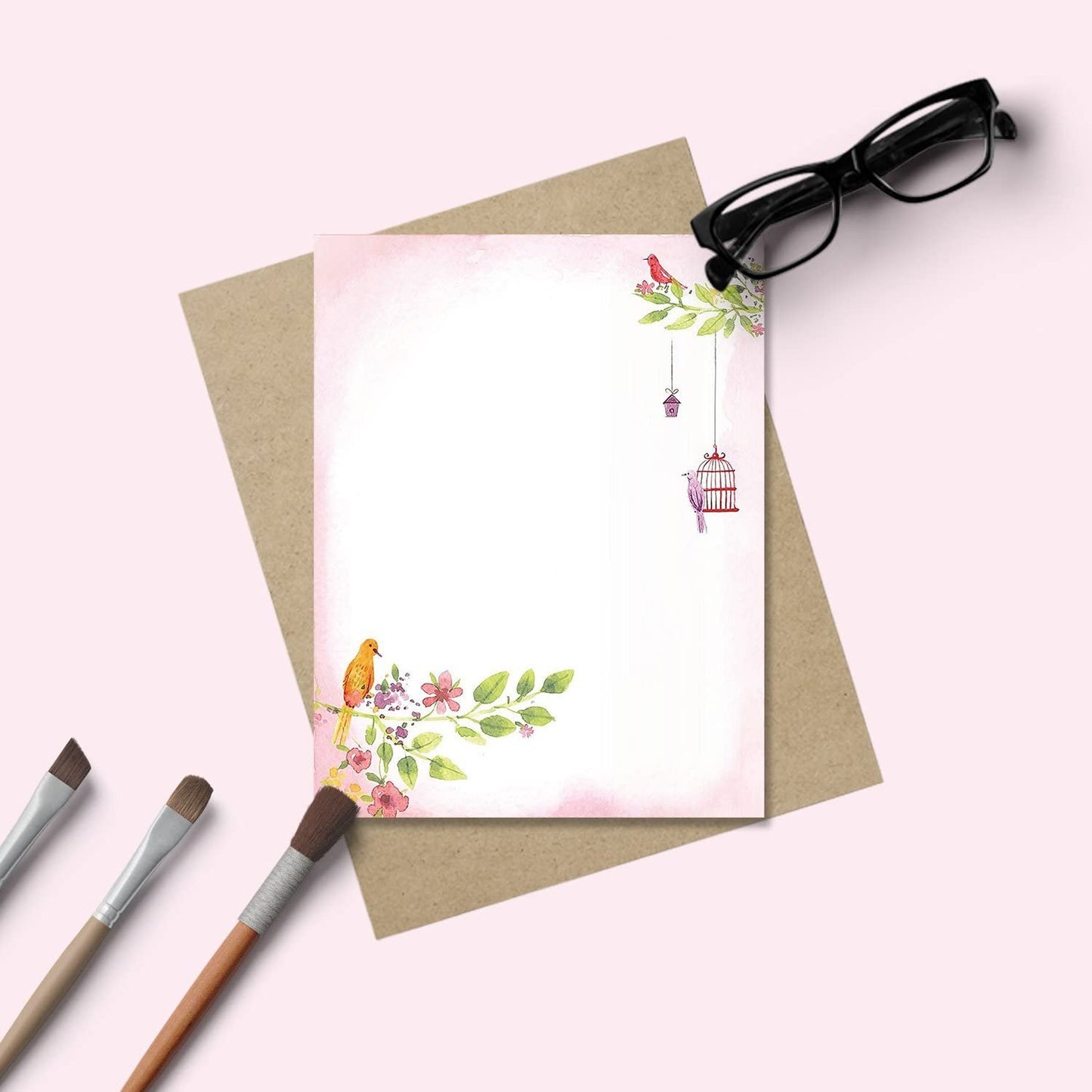 Floral Letter Notes - 8.5 x 11 Inches Stationery Writing Paper - Perfect Invitations for Bridal Shower, Birthday, Wedding, Engagement Party, DIY and All Occasion - 100 Bulk Set - Adorable Birds Design