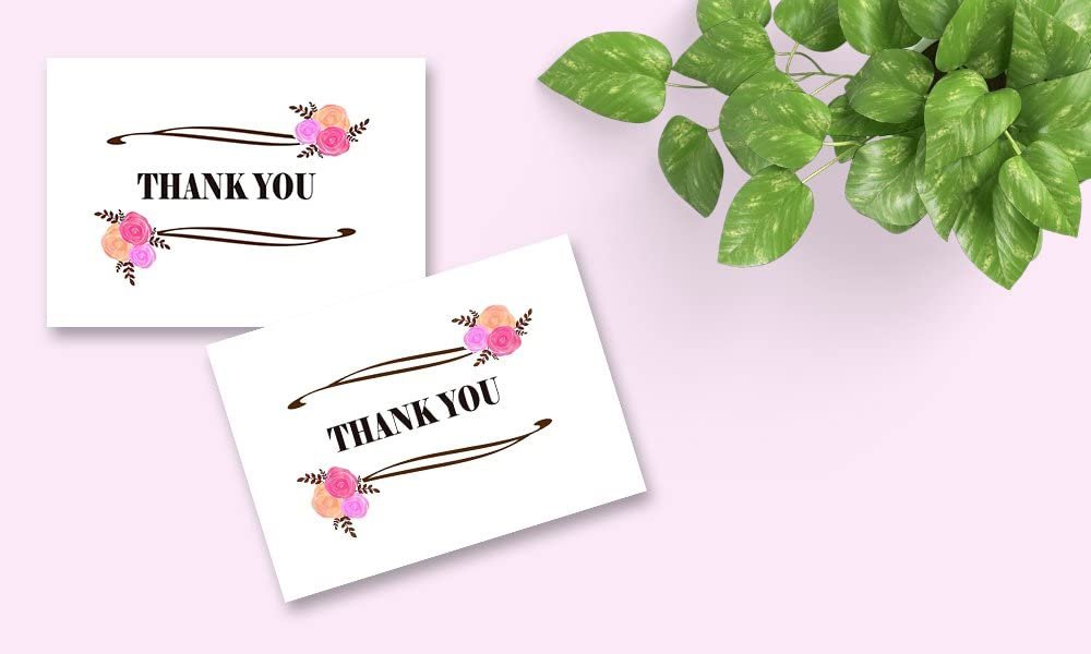 Thank You Cards - 4 x 7 Inches of 50 Amazing White Note Cards with Blank Greeting Space - Perfect for Business, Anniversary, Graduations, Weddings - Envelopes Included - Pink Blooming Floral Design