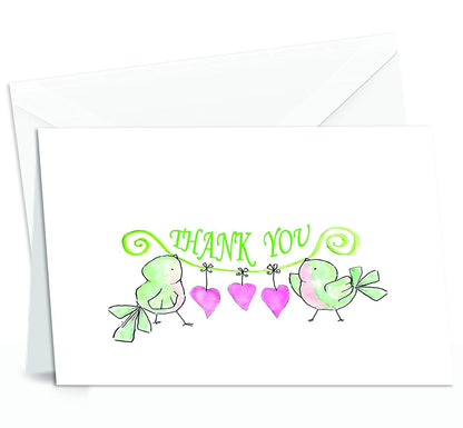 Amazing Thank You Cards with Envelopes - 4x7 Inches of 50 White Card Notes with Blank Greeting Space - for Greetings, Business, Anniversary, Graduation, Wedding - Adorable Birds and Hearts Design