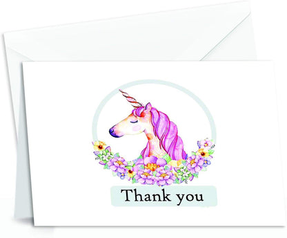 Unicorn Thank You Cards - 4x7 Inches of 50 Blank Card Notes with Envelopes - Perfect Gift and Greeting Cards for Kids and Birthday Party, Baby Shower, Graduation, Wedding - Pinkish Unicorn Horn Design