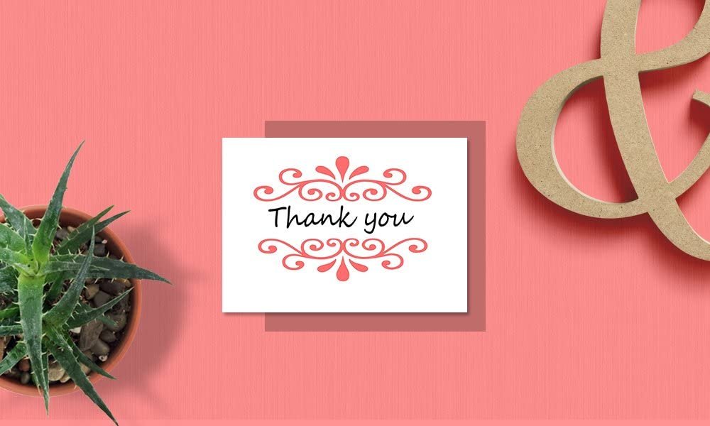 Thank You Cards Set - Perfect Gift for Anniversary, Graduations, Weddings - 50 Amazing 4 x 7 Inches of White Note Cards with Blank Greeting Space - Envelopes Included - Pink Curvy Line Form Design