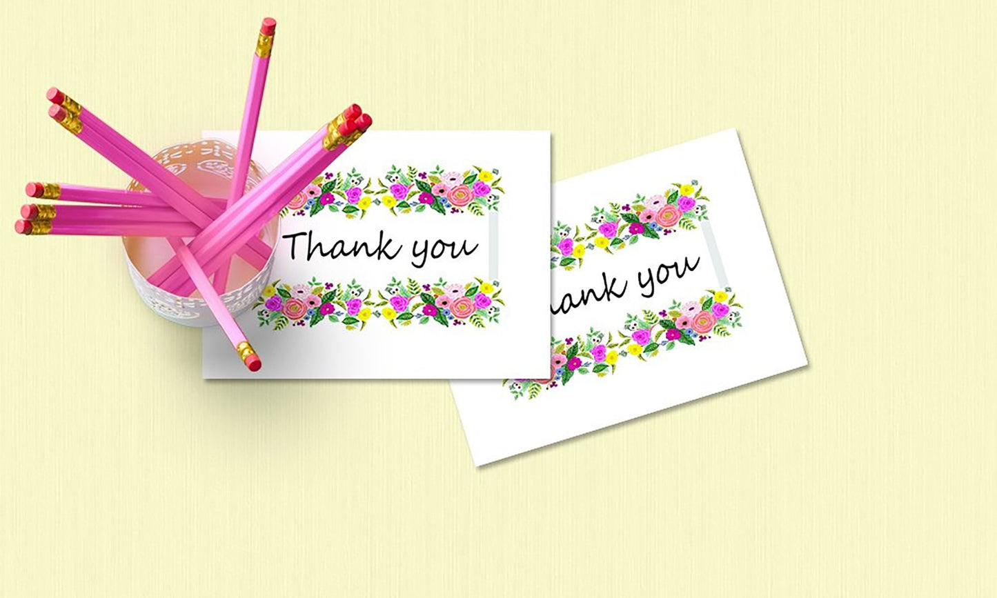 Thank You Cards Set - Perfect for Business, Anniversary, Graduations, Weddings - 4 x 7 Inches of 50 Amazing White Note Cards with Blank Greeting Space and Envelopes - Exquisite Vibrant Floral Design