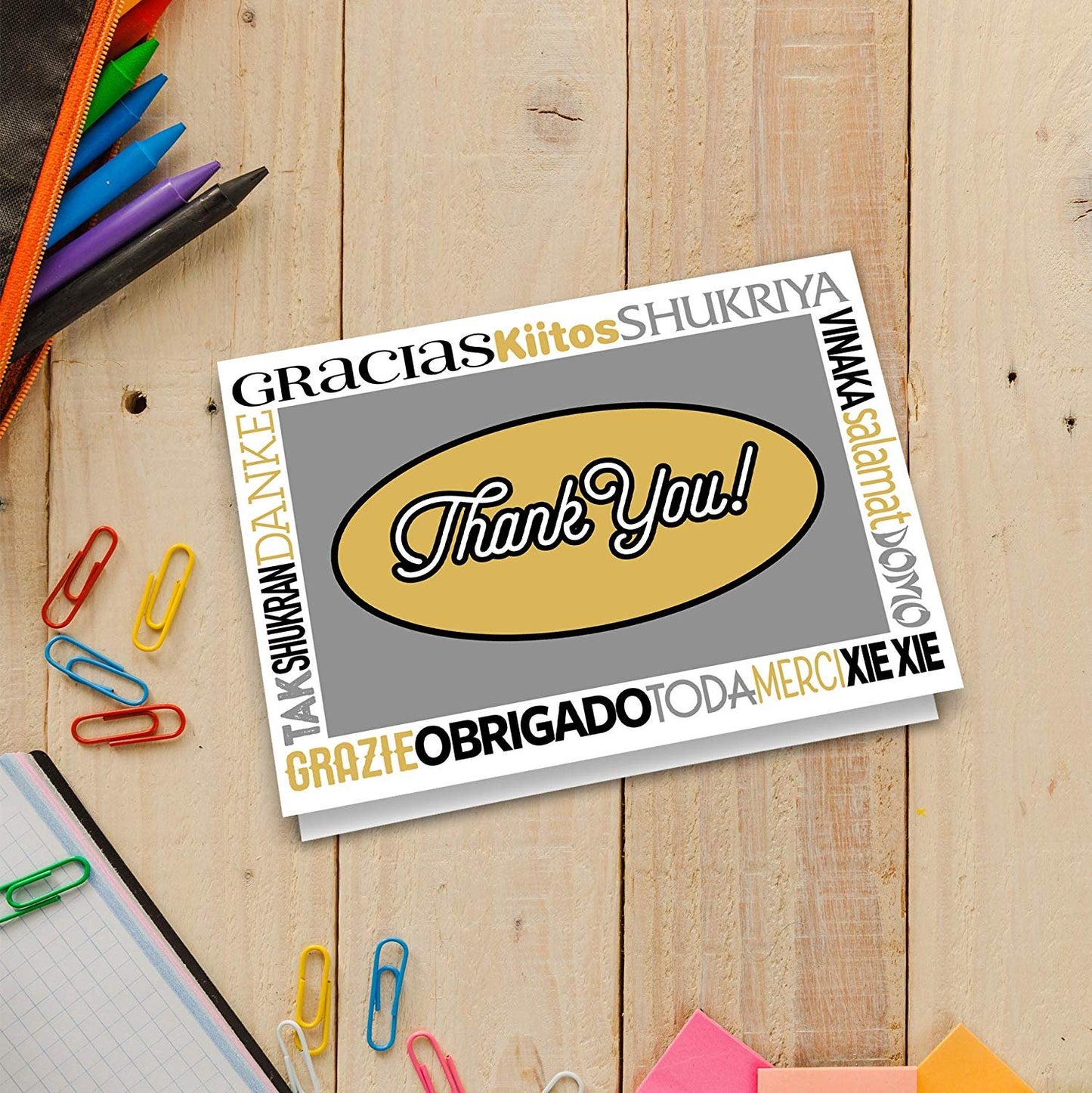 Thank You Cards - 50 Bulk Set of 4x7 Multi-Language in White, Yellow and Gray Colors Blank Greeting Notes with Envelopes - Perfect for Invitations and Gifts for Wedding, Baby Shower and All Occasions
