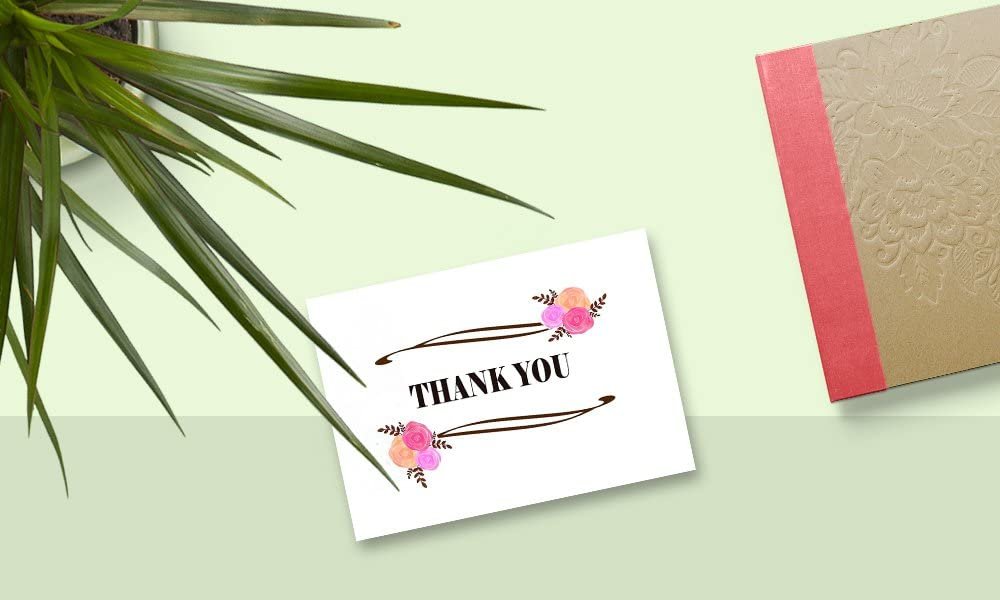 Thank You Cards Set - Perfect Gift for Anniversary, Graduations, Weddings - 50 Amazing 4x7 Inches of White Note Cards with Blank Greeting Space - Envelopes Included - Classic Dark Pink Roses Design