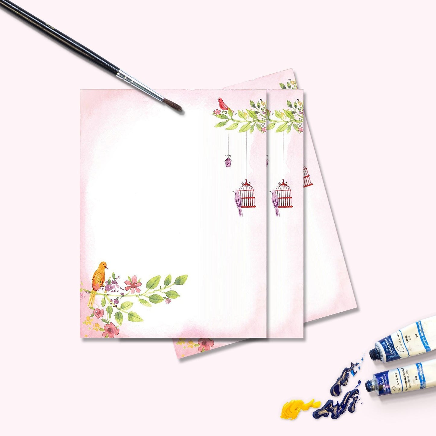 Floral Letter Notes - 8.5 x 11 Inches Stationery Writing Paper - Perfect Invitations for Bridal Shower, Birthday, Wedding, Engagement Party, DIY and All Occasion - 100 Bulk Set - Adorable Birds Design