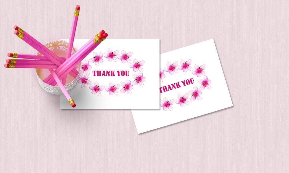 Thank You Cards - 4 x 7 Inches of 50 Amazing White Note Cards with Blank Greeting Space - Perfect for Business, Anniversary, Graduations, Weddings - Envelopes Included - Pink Blooming Floral Design