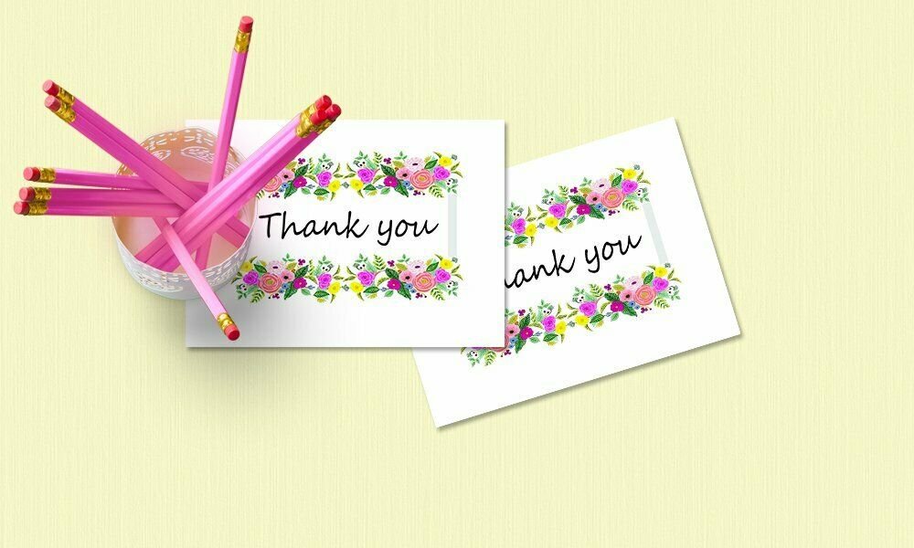 Thank You Cards Set - Perfect for Business, Anniversary, Graduations, Weddings - 4 x 7 Inches of 50 Amazing White Note Cards with Blank Greeting Space and Envelopes - Exquisite Vibrant Floral Design